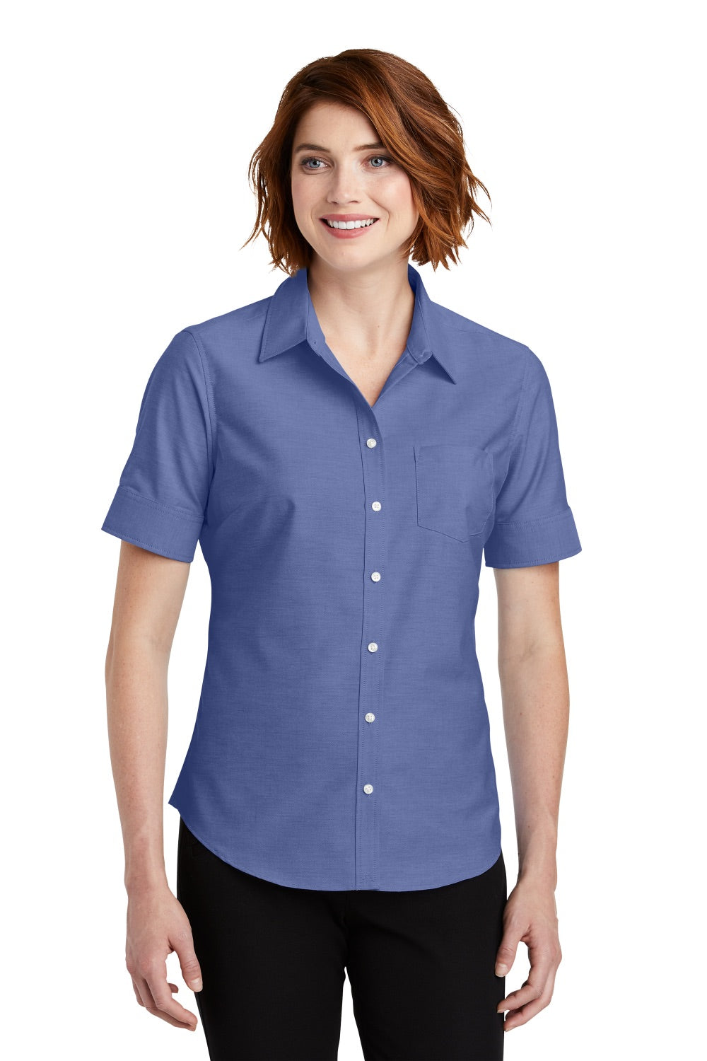 Port Authority L659 Womens SuperPro Oxford Wrinkle Resistant Short Sleeve Button Down Shirt w/ Pocket Navy Blue Model Front