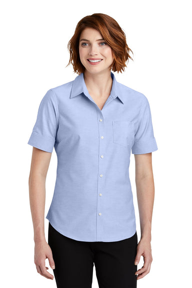 Port Authority L659 Womens SuperPro Oxford Wrinkle Resistant Short Sleeve Button Down Shirt w/ Pocket Oxford Blue Model Front