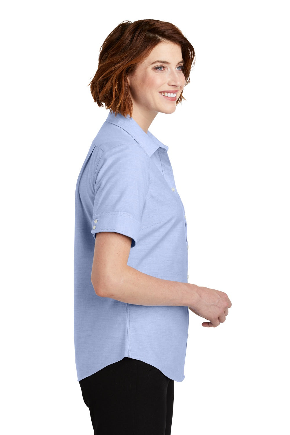 Port Authority L659 Womens SuperPro Oxford Wrinkle Resistant Short Sleeve Button Down Shirt w/ Pocket Oxford Blue Model Side