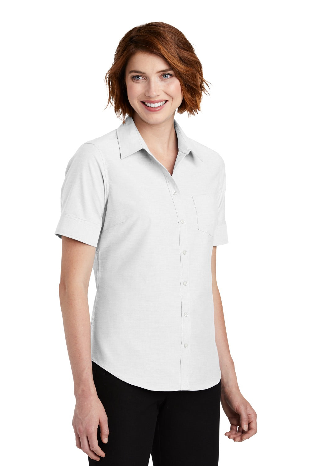 Port Authority L659 Womens SuperPro Oxford Wrinkle Resistant Short Sleeve Button Down Shirt w/ Pocket White Model 3q