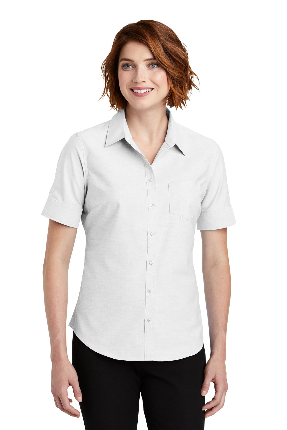 Port Authority L659 Womens SuperPro Oxford Wrinkle Resistant Short Sleeve Button Down Shirt w/ Pocket White Model Front