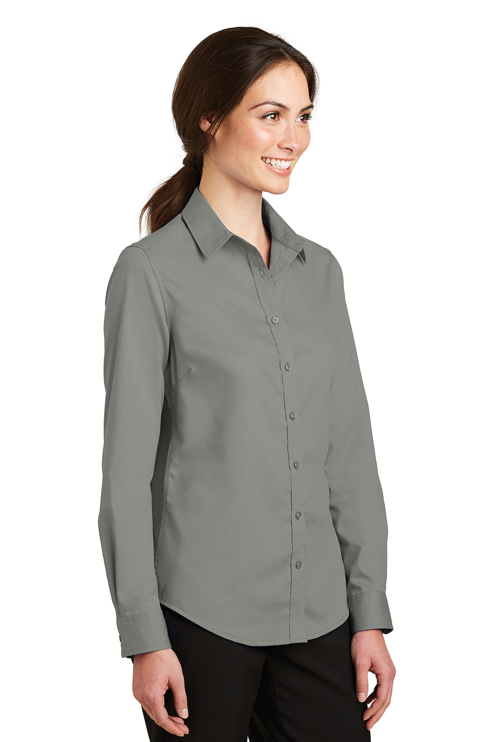 Port Authority L663 Womens SuperPro Wrinkle Resistant Long Sleeve Button Down Shirt Monument Grey Model 3q