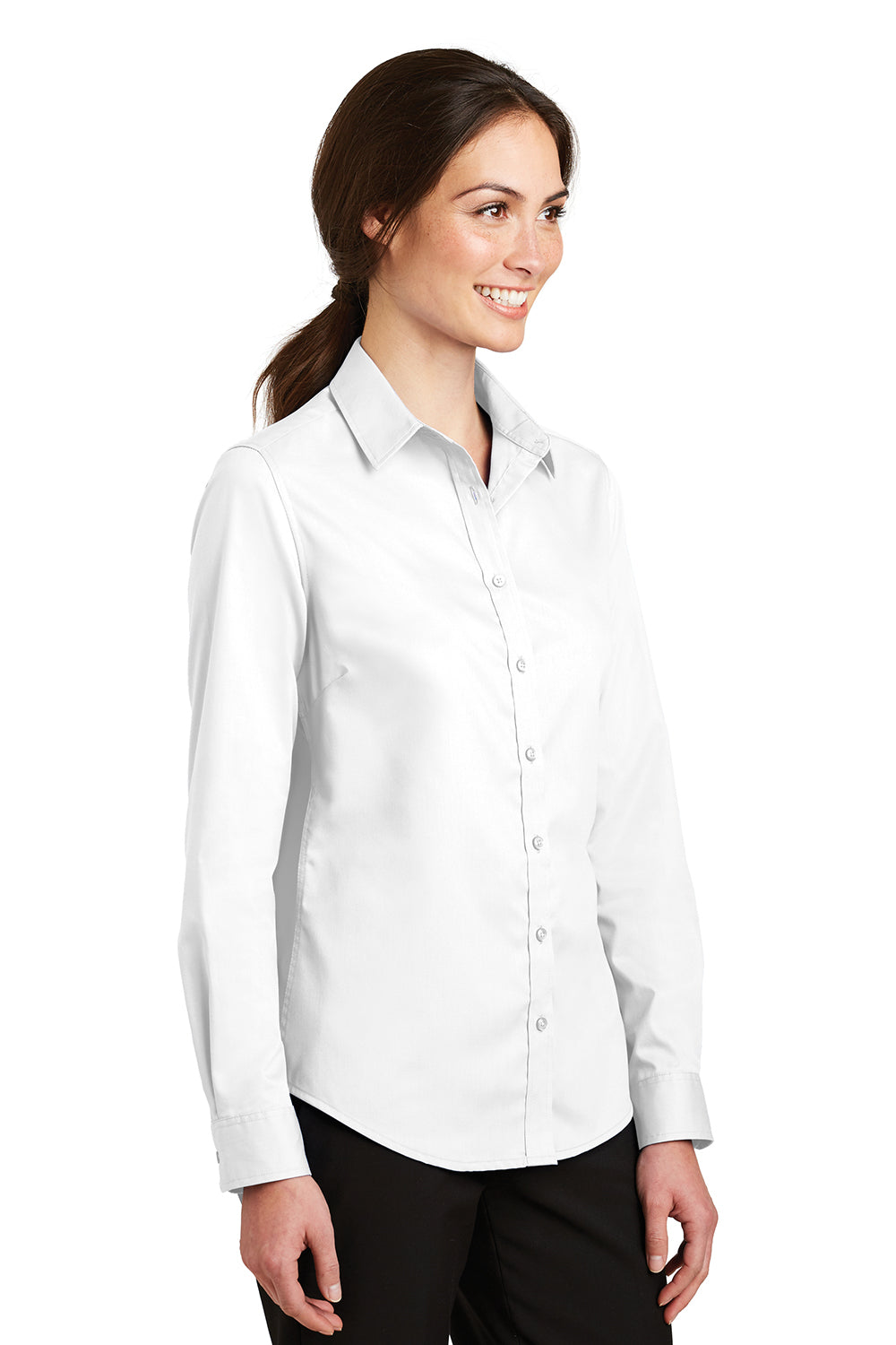 Port Authority L663 Womens SuperPro Wrinkle Resistant Long Sleeve Button Down Shirt White Model 3q