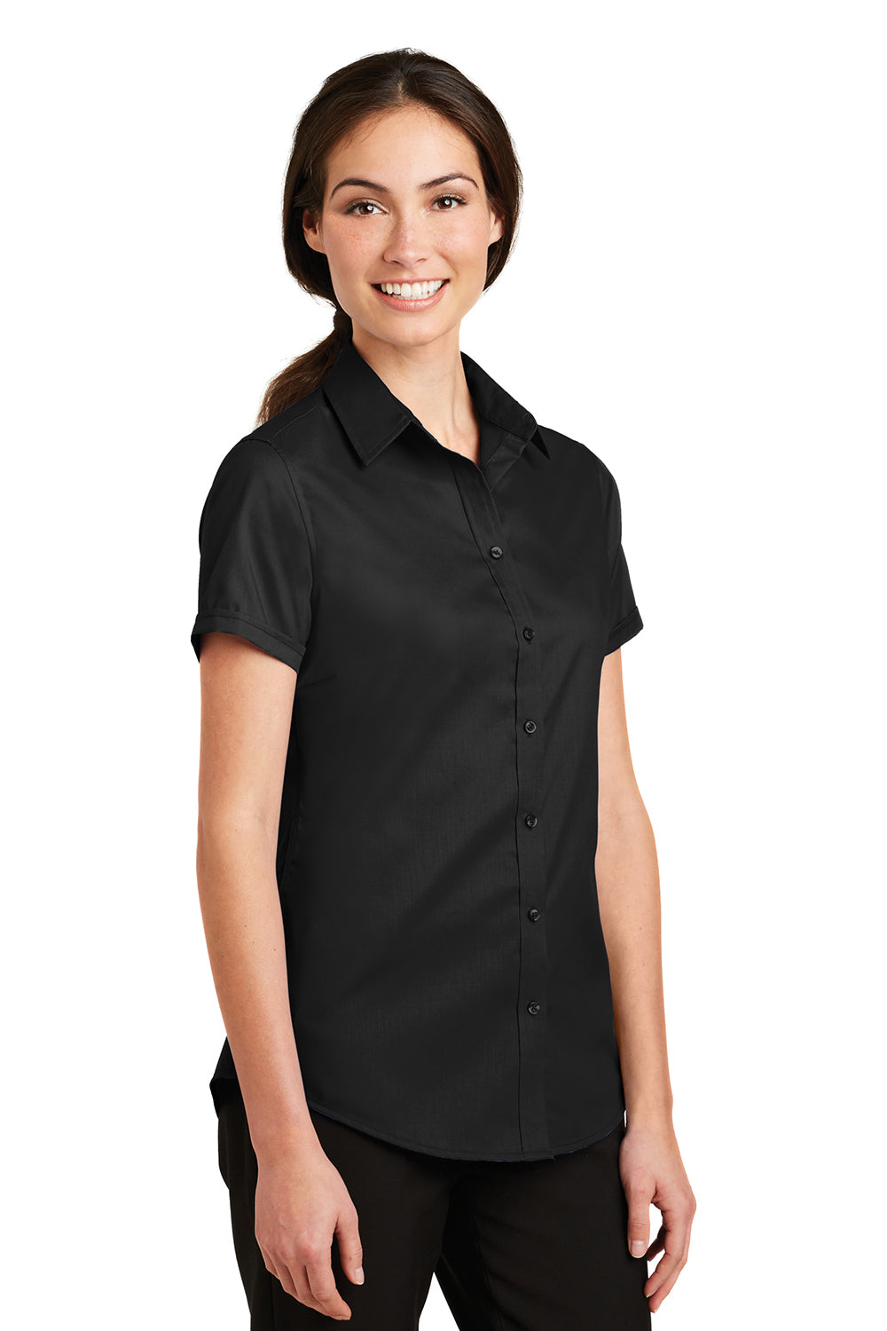 Port Authority L664 Womens SuperPro Wrinkle Resistant Short Sleeve Button Down Shirt Black Model 3q