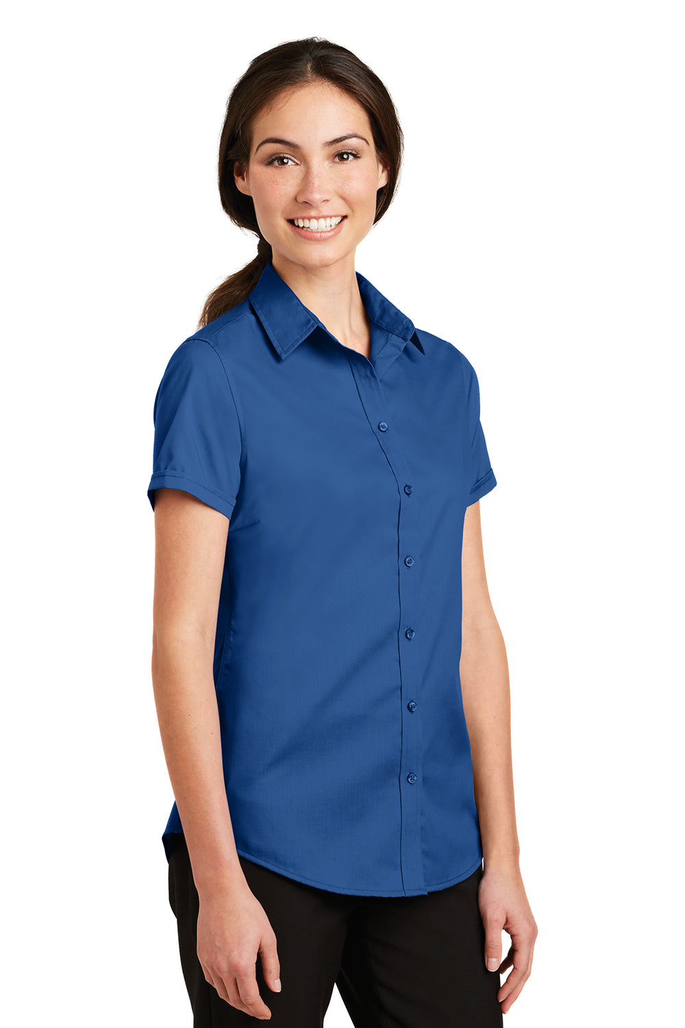 Port Authority L664 Womens SuperPro Wrinkle Resistant Short Sleeve Button Down Shirt True Blue Model 3q