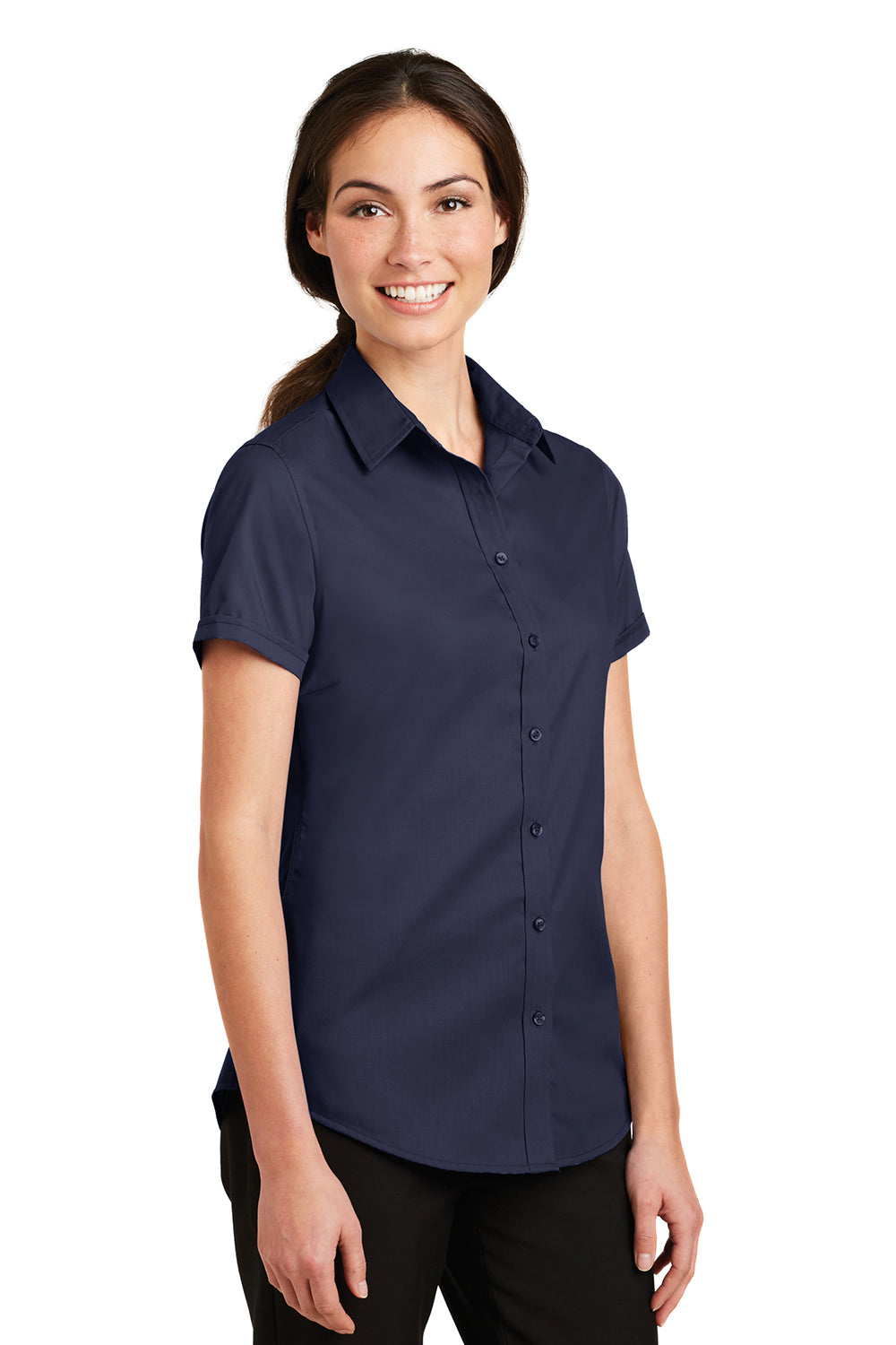 Port Authority L664 Womens SuperPro Wrinkle Resistant Short Sleeve Button Down Shirt True Navy Blue Model 3q