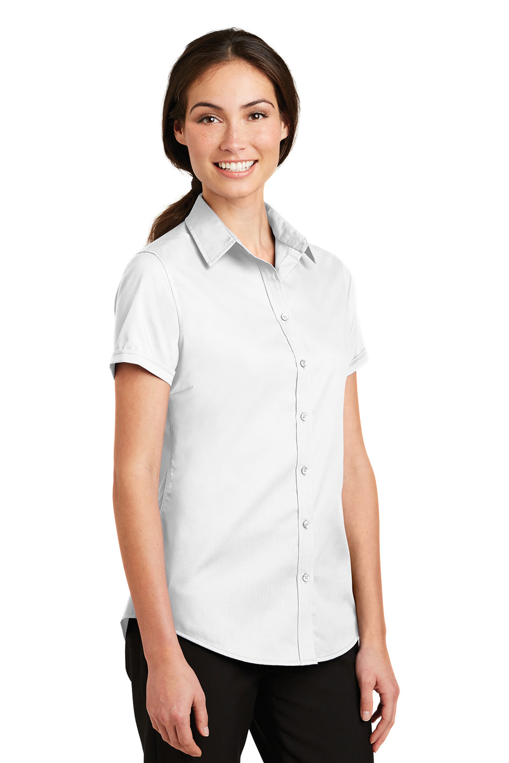 Port Authority L664 Womens SuperPro Wrinkle Resistant Short Sleeve Button Down Shirt White Model 3q