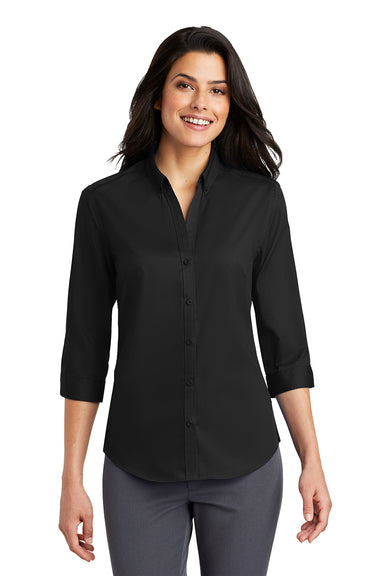 Port Authority L665 Womens SuperPro Wrinkle Resistant 3/4 Sleeve Button Down Shirt Black Model Front