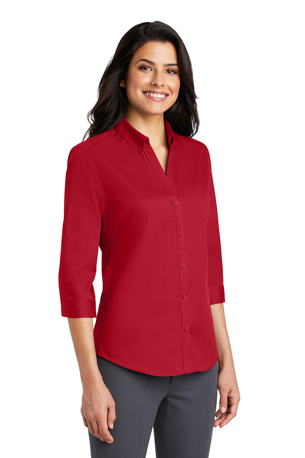 Port Authority L665 Womens SuperPro Wrinkle Resistant 3/4 Sleeve Button Down Shirt Rich Red Model 3q