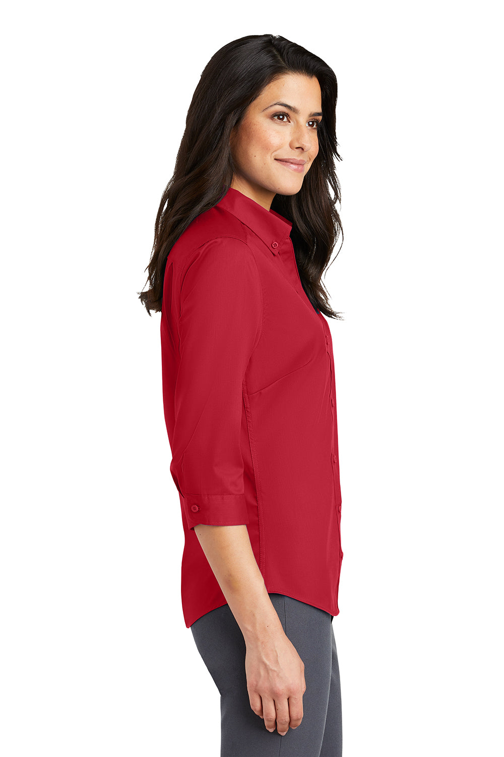 Port Authority L665 Womens SuperPro Wrinkle Resistant 3/4 Sleeve Button Down Shirt Rich Red Model Side