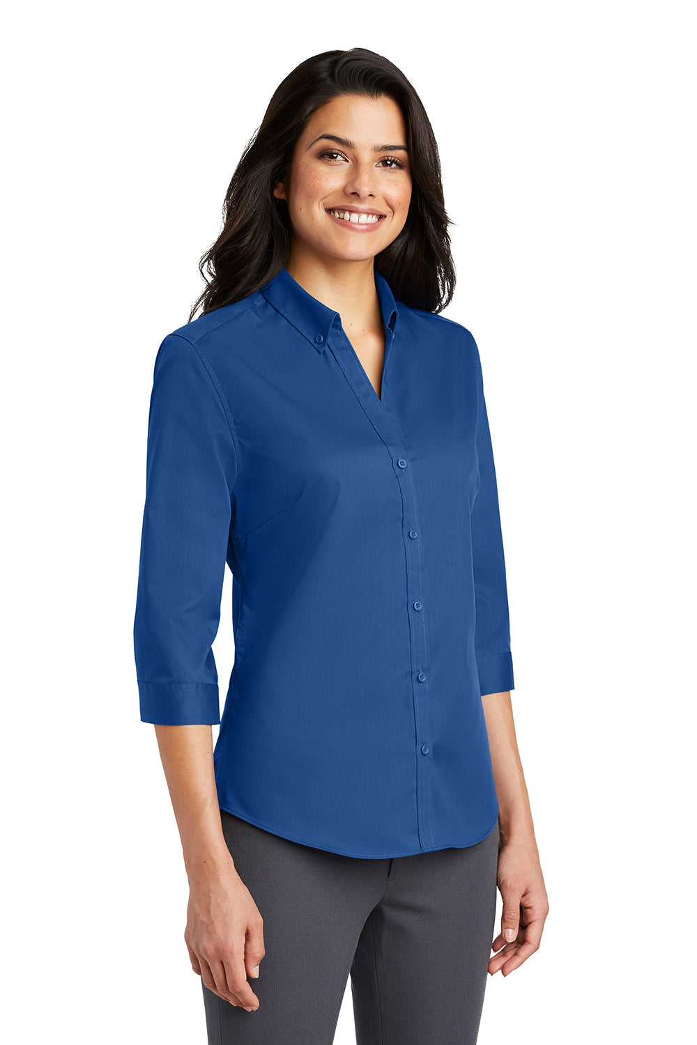 Port Authority L665 Womens SuperPro Wrinkle Resistant 3/4 Sleeve Button Down Shirt True Blue Model 3q