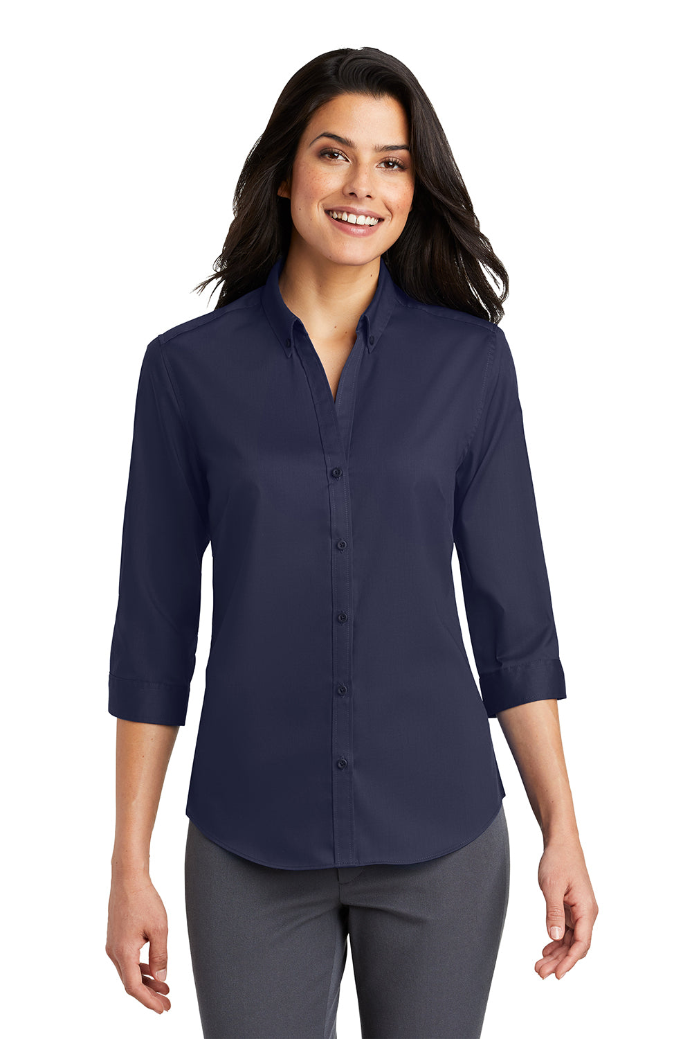 Port Authority L665 Womens SuperPro Wrinkle Resistant 3/4 Sleeve Button Down Shirt True Navy Blue Model Front