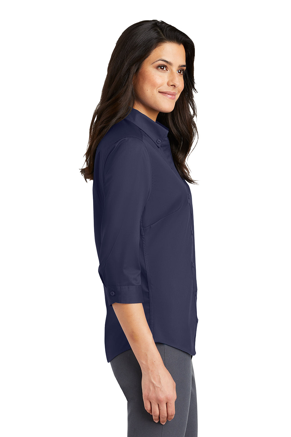 Port Authority L665 Womens SuperPro Wrinkle Resistant 3/4 Sleeve Button Down Shirt True Navy Blue Model Side