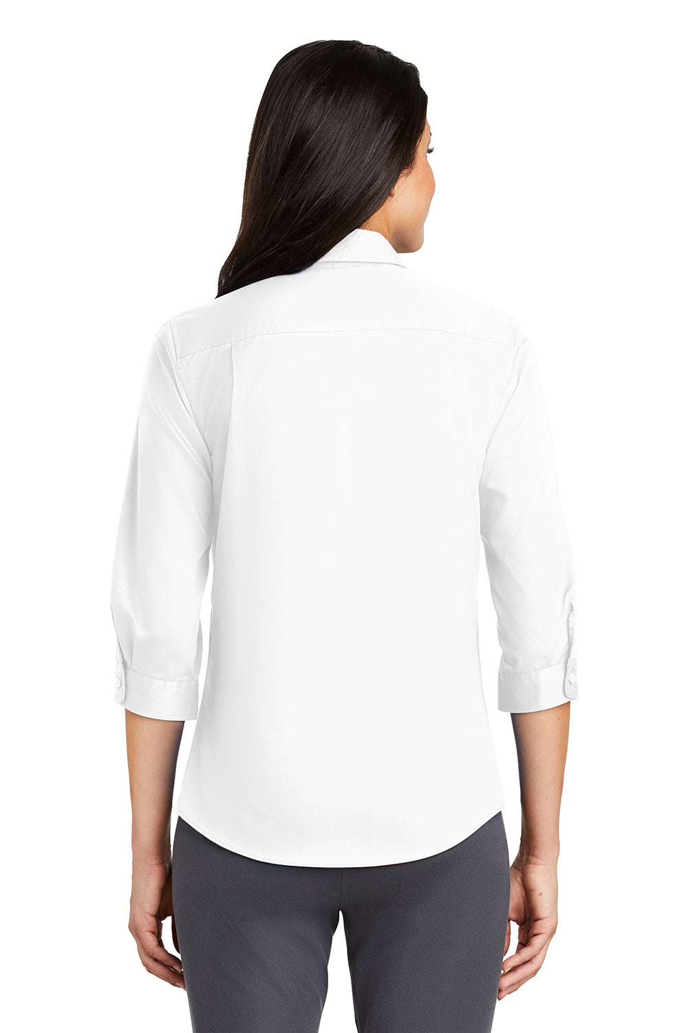 Port Authority L665 Womens SuperPro Wrinkle Resistant 3/4 Sleeve Button Down Shirt White Model Back