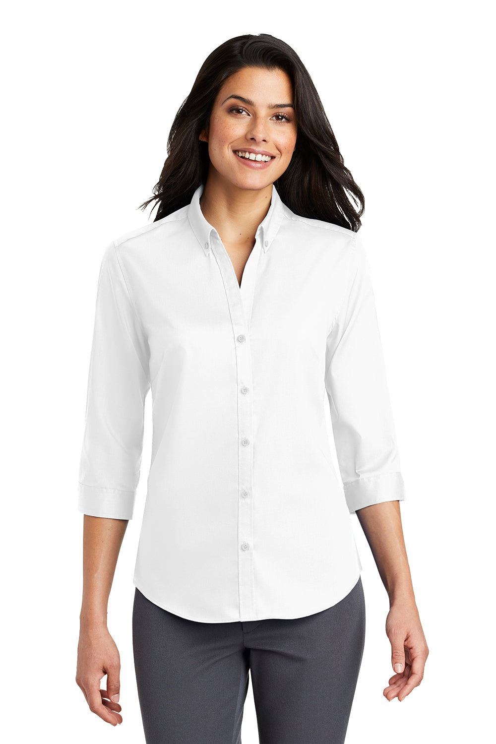 Port Authority L665 Womens SuperPro Wrinkle Resistant 3/4 Sleeve Button Down Shirt White Model Front