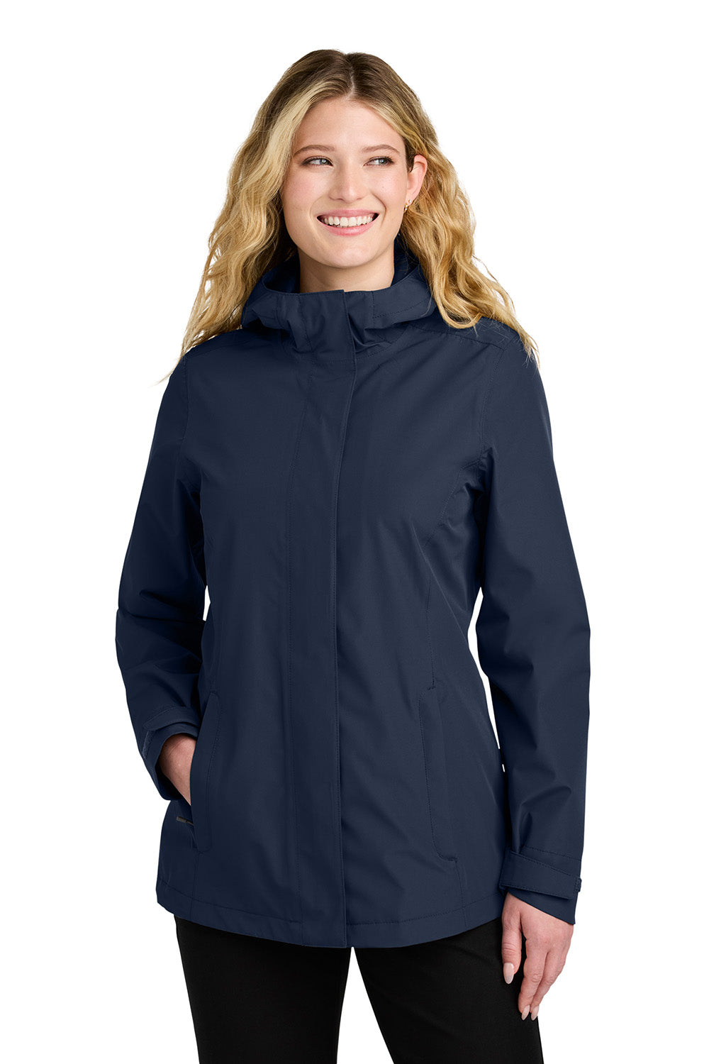 Port Authority L714 Womens C-FREE Full Zip Hooded Rain Jacket True Navy Blue Model Front