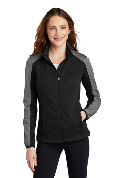 Port Authority L718 Womens Active Wind & Water Resistant Full Zip Jacket Deep Black/Steel Grey Model Front