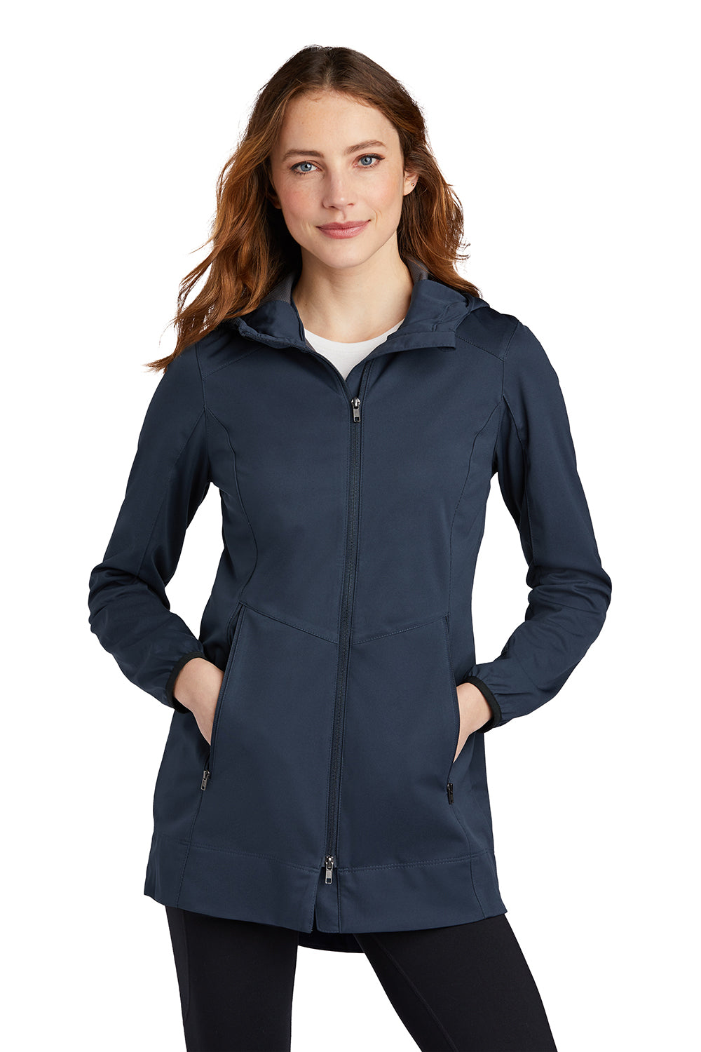 Port Authority L719 Womens Active Wind & Water Resistant Full Zip Hooded Jacket Dress Navy Blue Model Front