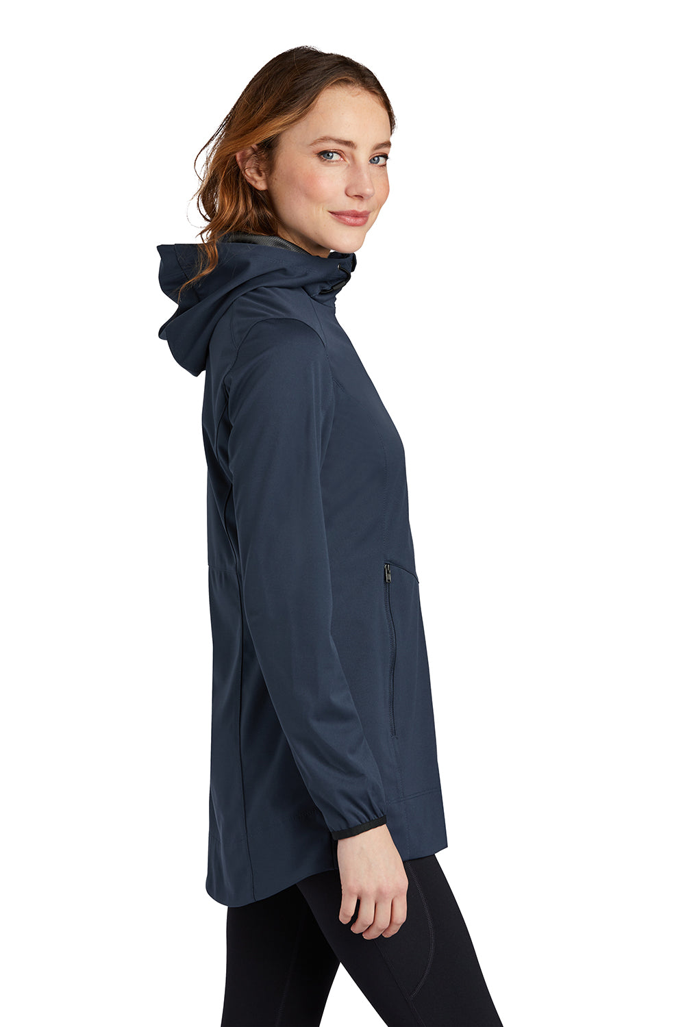 Port Authority L719 Womens Active Wind & Water Resistant Full Zip Hooded Jacket Dress Navy Blue Model Side