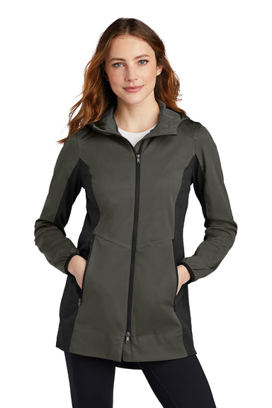 Port Authority L719 Womens Active Wind & Water Resistant Full Zip Hooded Jacket Steel Grey/Deep Black Model Front