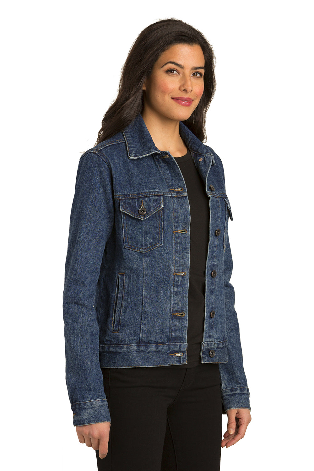 Port Authority L7620 Womens Stonewashed Denim Button Down Jacket Denim Blue Model 3q