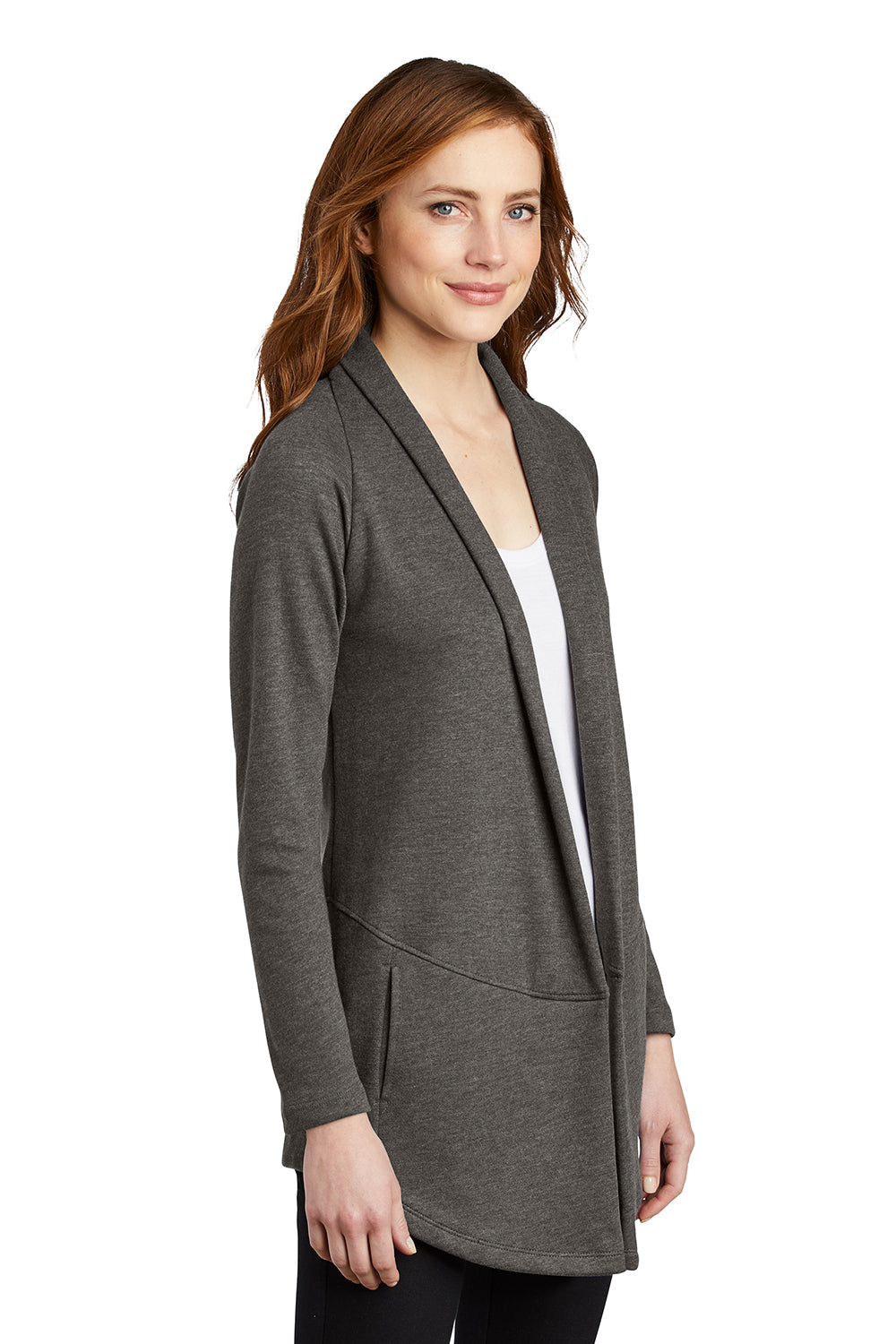 Port Authority L807 Womens Long Sleeve Cardigan Sweater Heather Charcoal Grey Model 3q