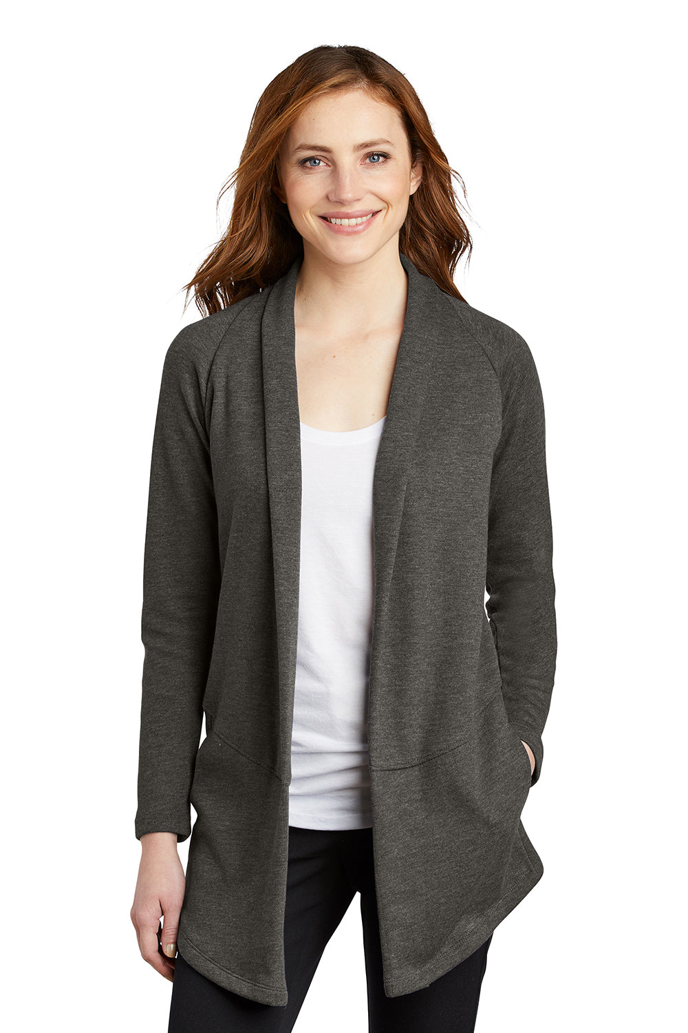 Port Authority L807 Womens Long Sleeve Cardigan Sweater Heather Charcoal Grey Model Front