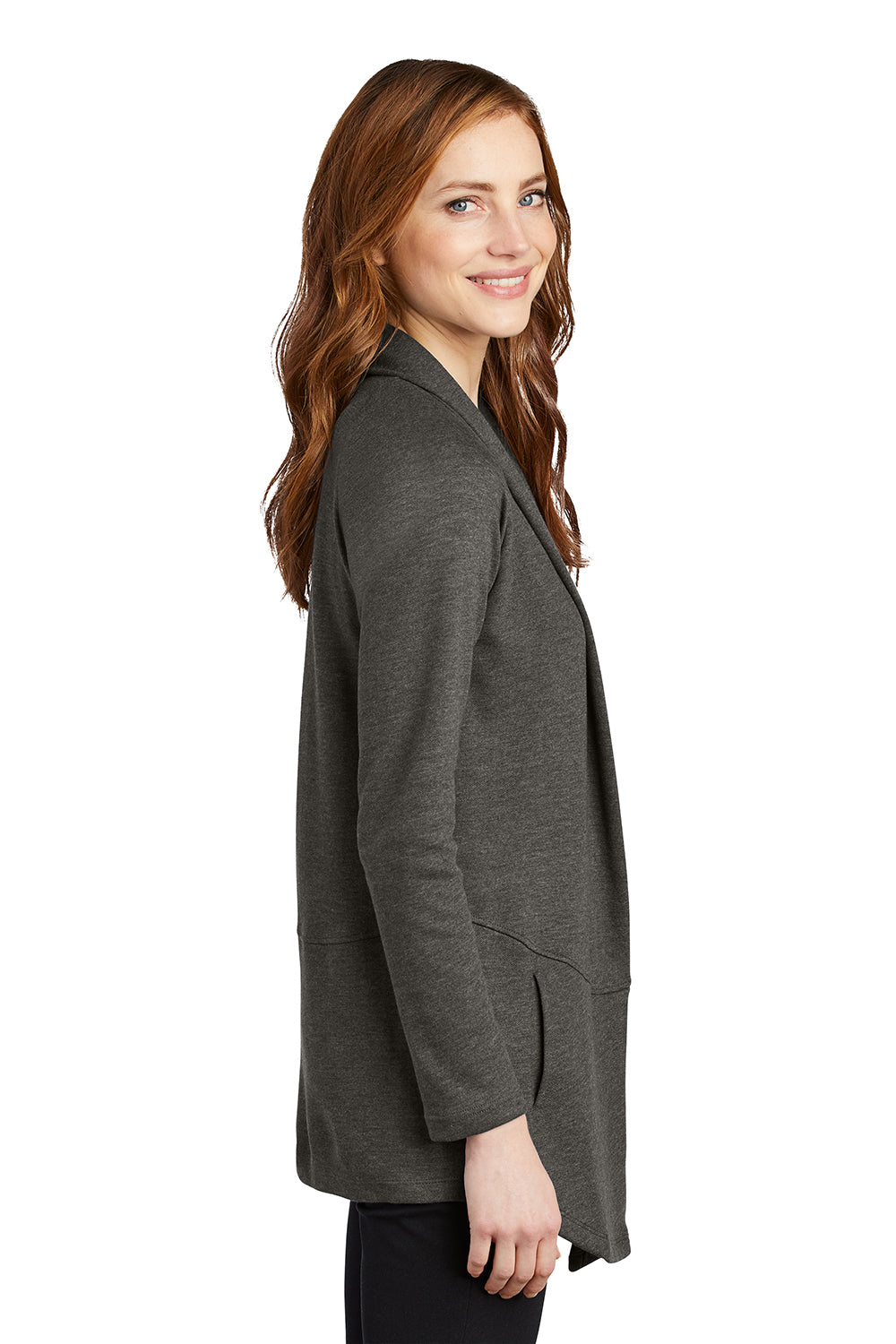 Port Authority L807 Womens Long Sleeve Cardigan Sweater Heather Charcoal Grey Model Side