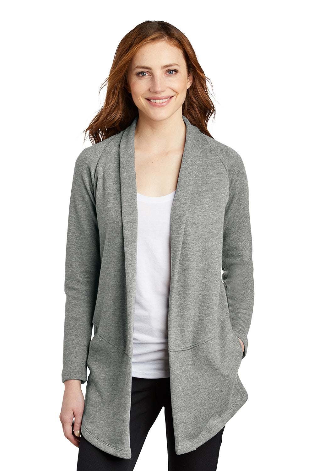 Port Authority L807 Womens Long Sleeve Cardigan Sweater Heather Medium Grey Model Front