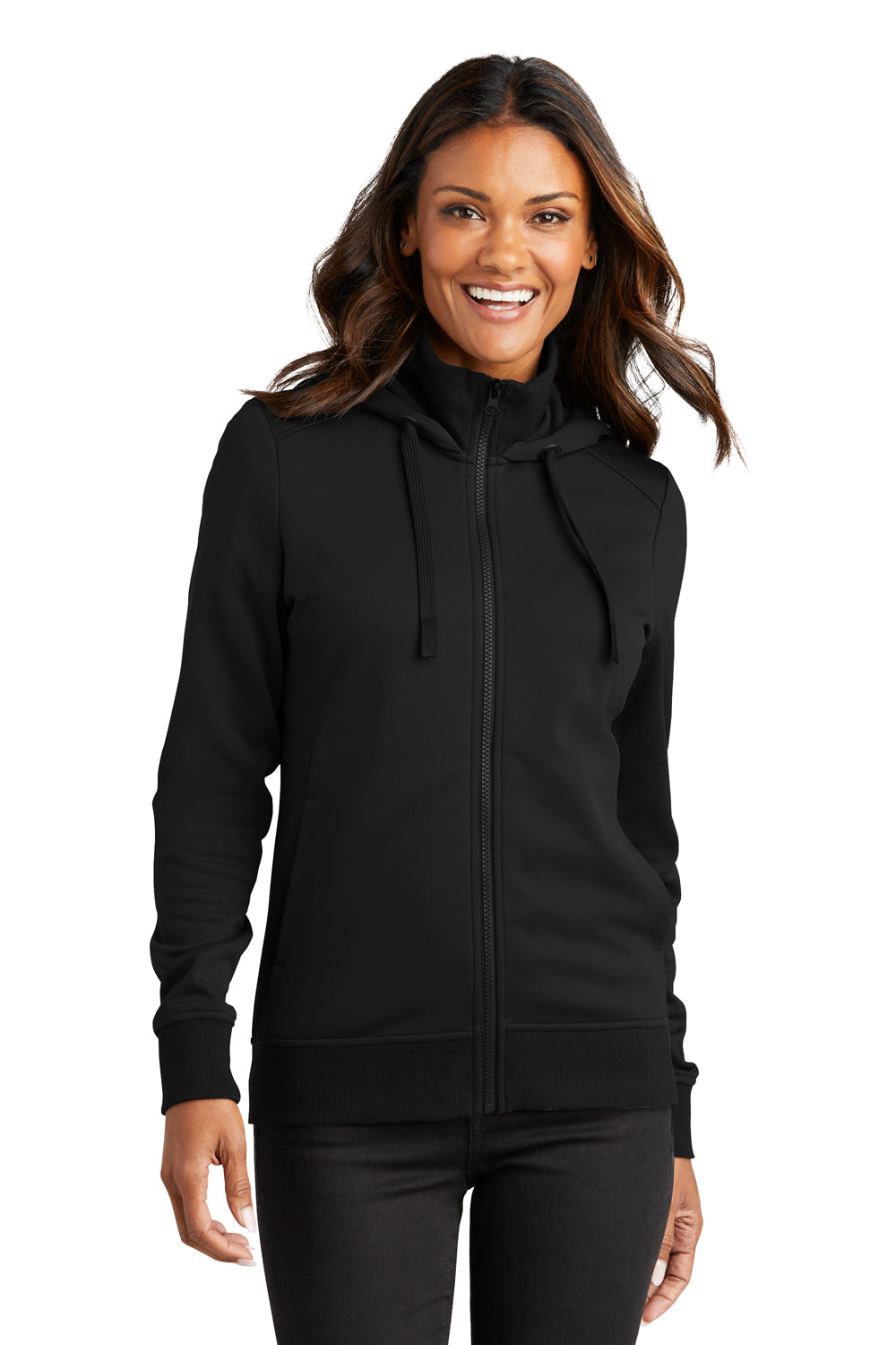 Port Authority L814 Womens Smooth Fleece Full Zip Hooded Jacket Deep Black Model Front