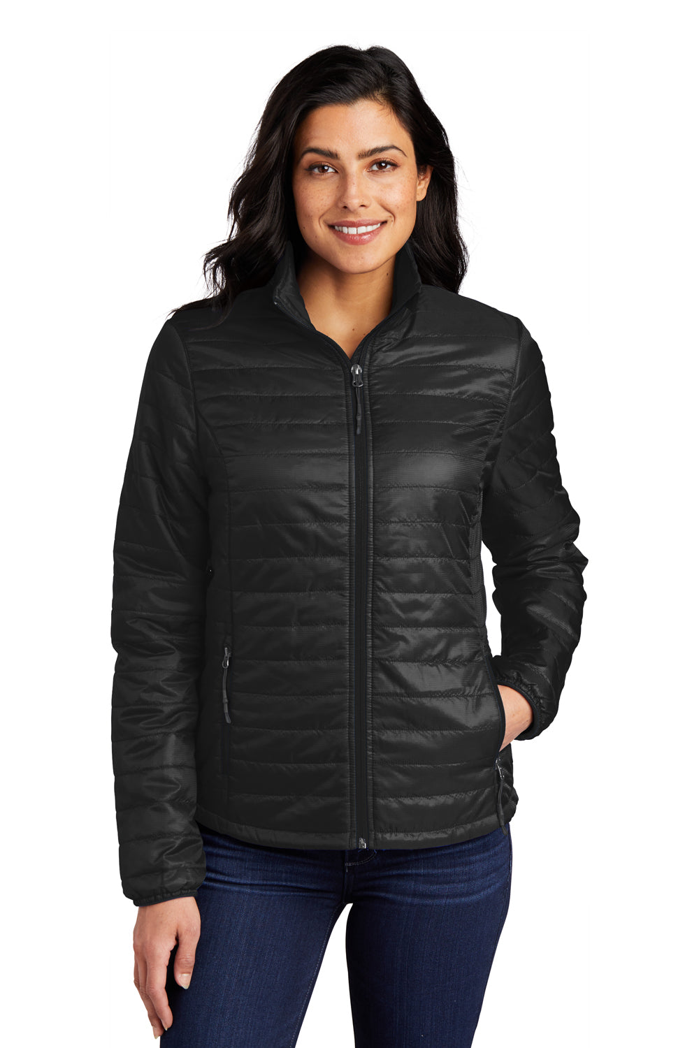 Port Authority L850 Womens Water Resistant Packable Puffy Full Zip Jacket Deep Black Model Front