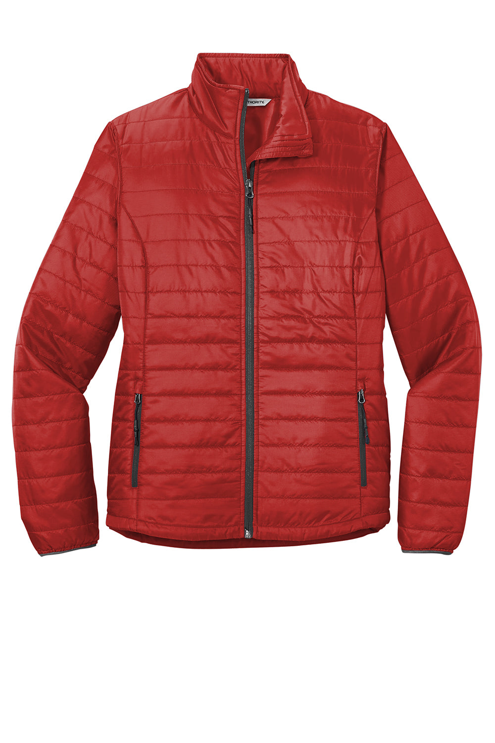 Port Authority L850 Womens Water Resistant Packable Puffy Full Zip Jacket Fire Red/Graphite Grey Flat Front