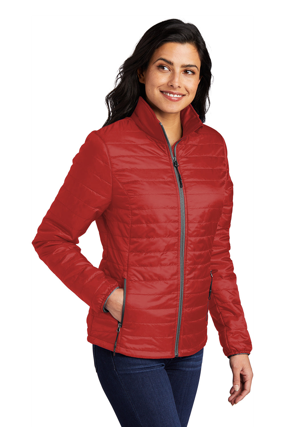 Port Authority L850 Womens Water Resistant Packable Puffy Full Zip Jacket Fire Red/Graphite Grey Model 3q