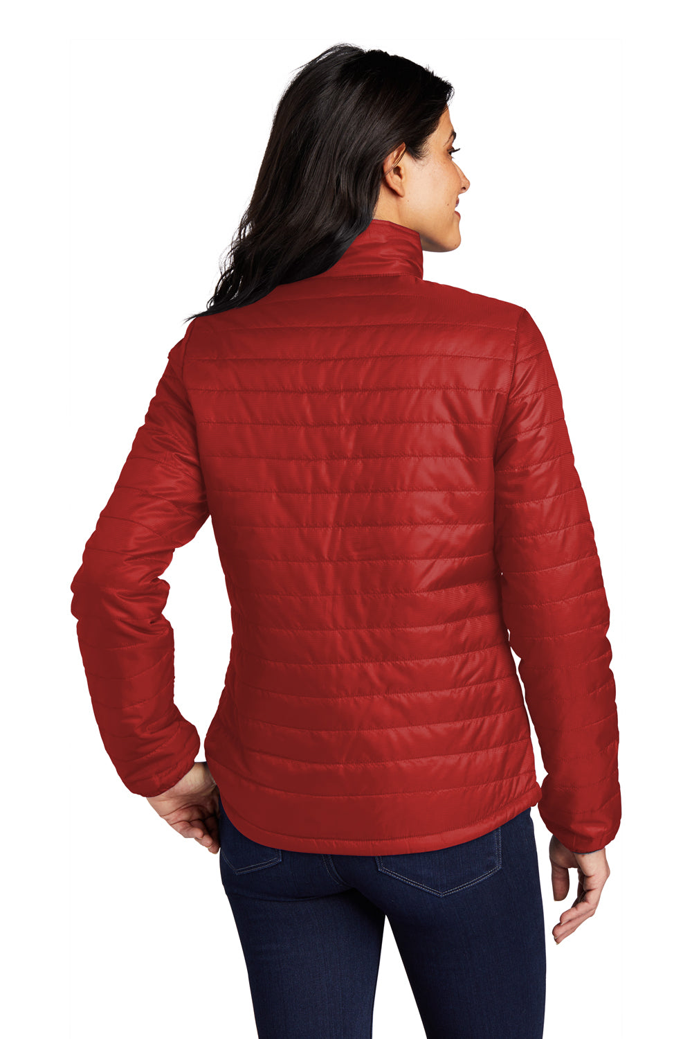 Port Authority L850 Womens Water Resistant Packable Puffy Full Zip Jacket Fire Red/Graphite Grey Model Back