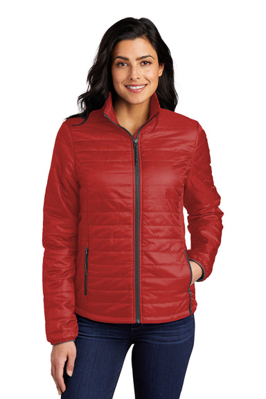 Port Authority L850 Womens Water Resistant Packable Puffy Full Zip Jacket Fire Red/Graphite Grey Model Front