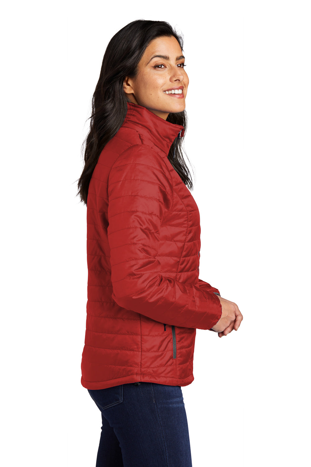 Port Authority L850 Womens Water Resistant Packable Puffy Full Zip Jacket Fire Red/Graphite Grey Model Side