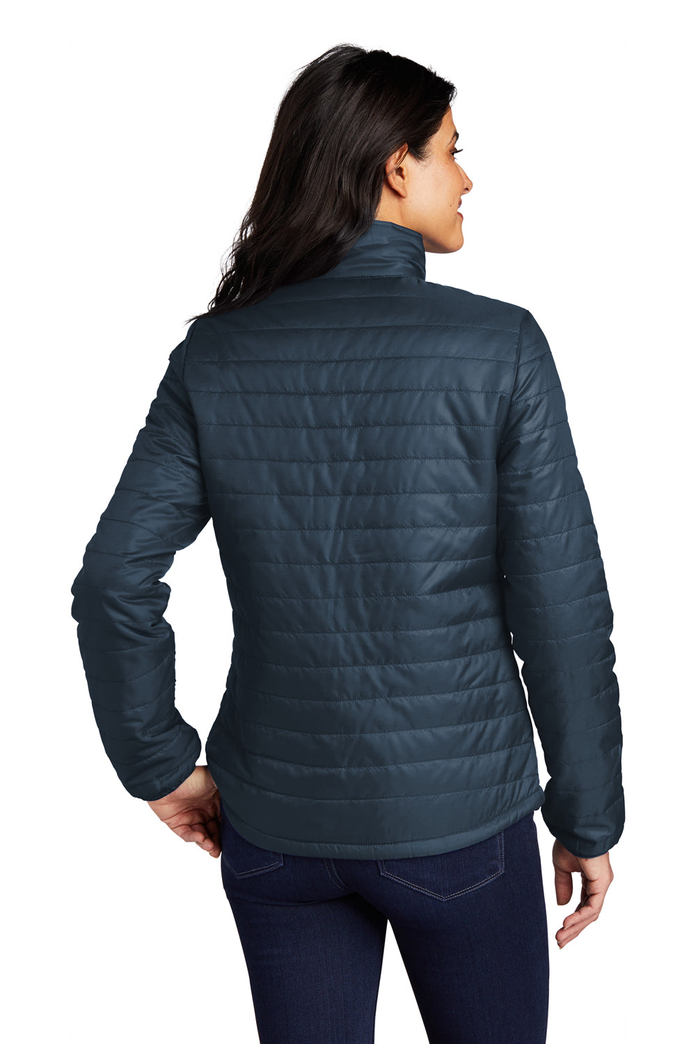 Port Authority L850 Womens Water Resistant Packable Puffy Full Zip Jacket Regatta Blue/River Navy Blue Model Back