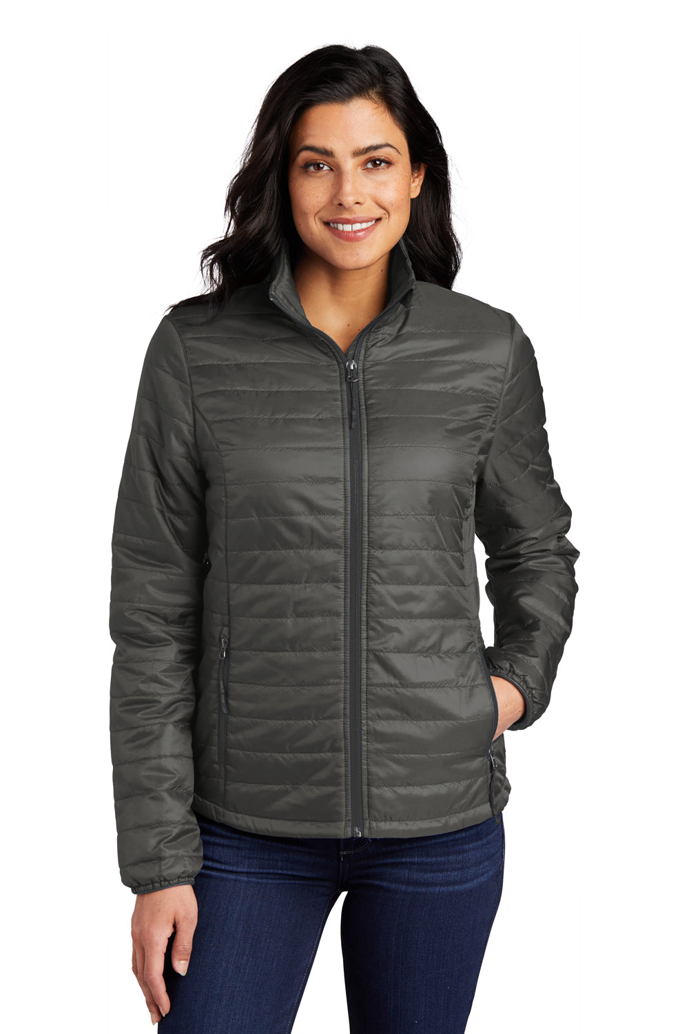 Port Authority L850 Womens Water Resistant Packable Puffy Full Zip Jacket Sterling Grey/Graphite Grey Model Front