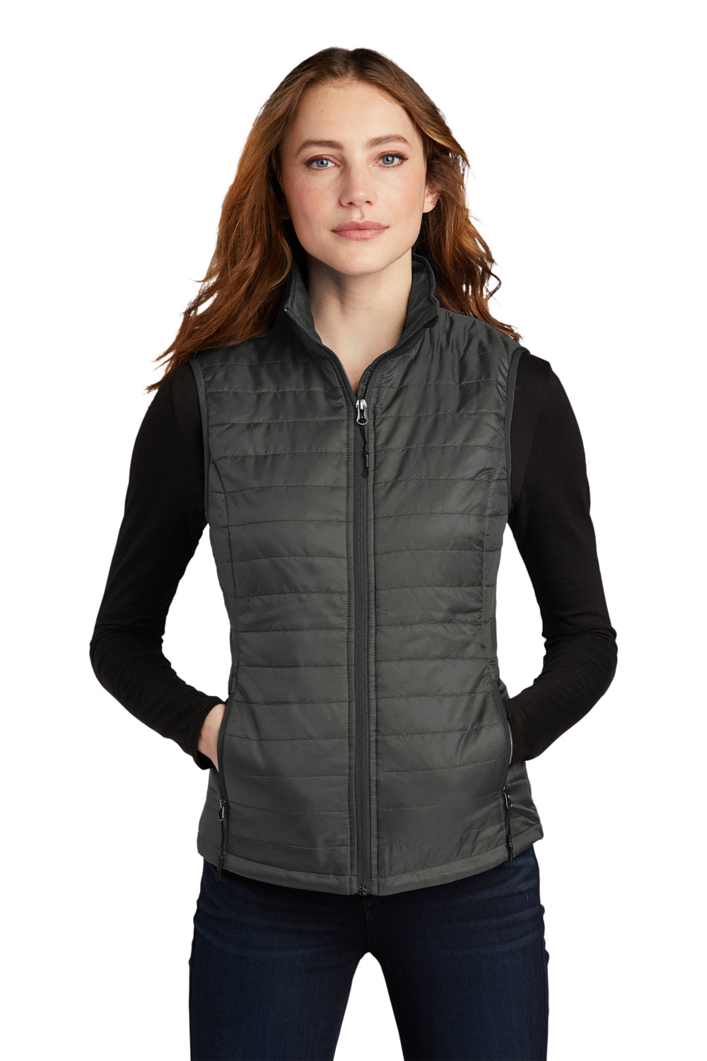 Port Authority L851 Womens Water Resistant Packable Puffy Full Zip Vest Sterling Grey/Graphite Grey Model Front