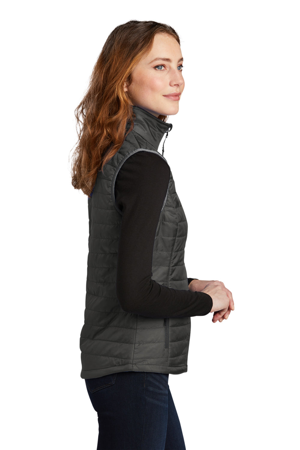 Port Authority L851 Womens Water Resistant Packable Puffy Full Zip Vest Sterling Grey/Graphite Grey Model Side