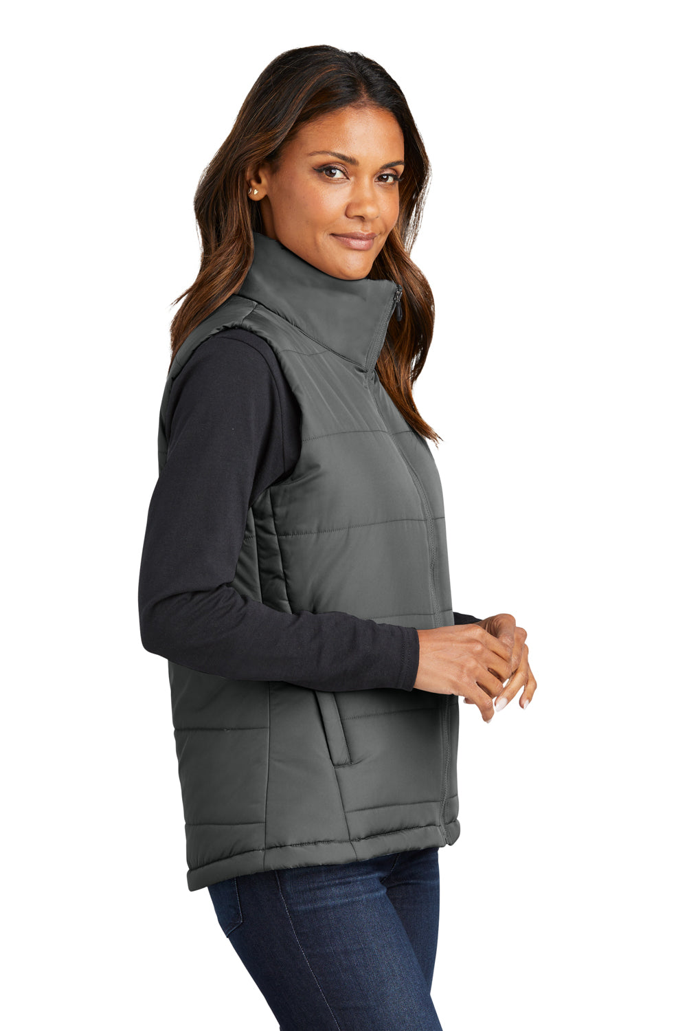 Port Authority L853 Womens Water Resistant Full Zip Puffer Vest Shadow Grey Model Side