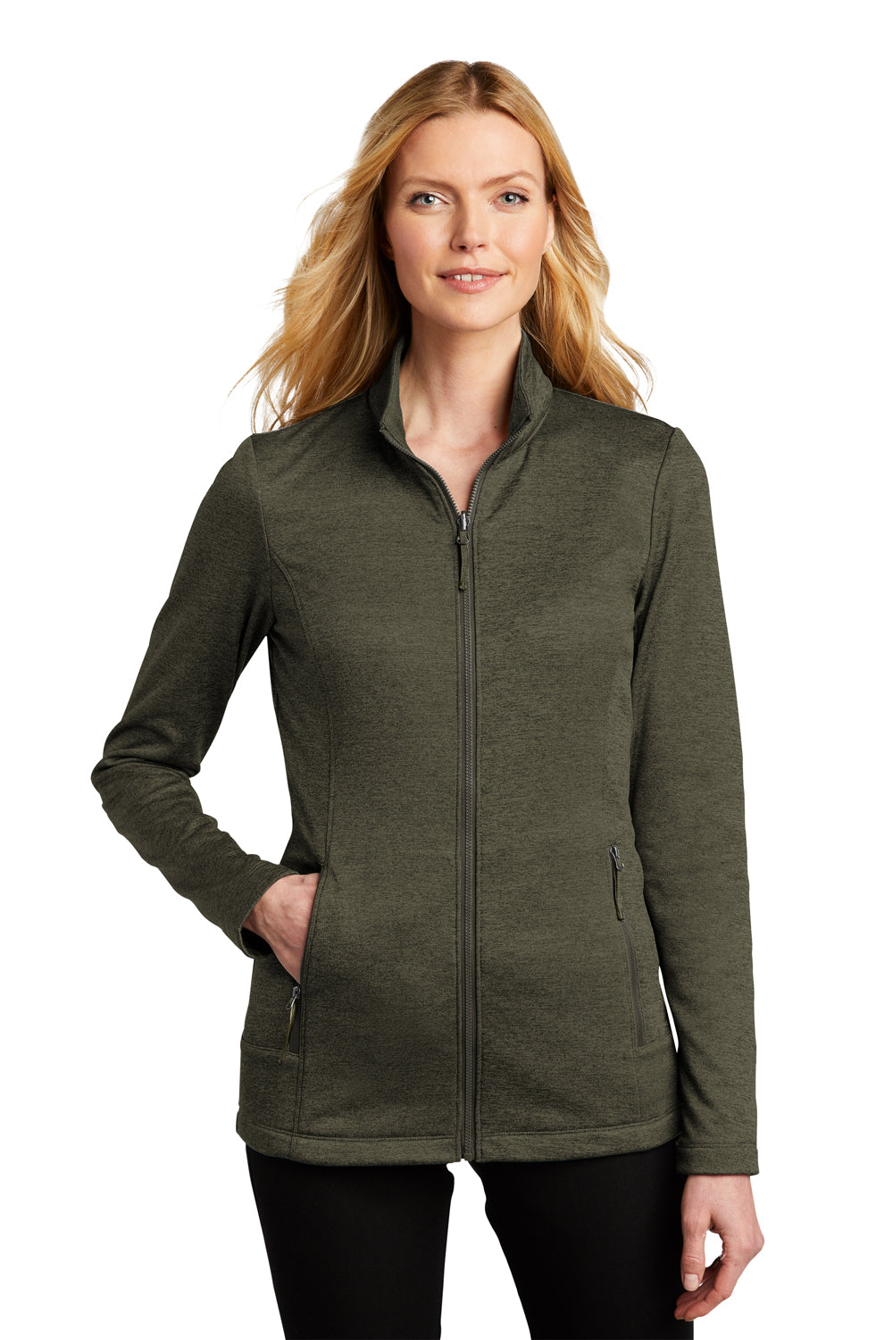 Port Authority L905 Womens Collective Striated Fleece Full Zip Jacket Heather Deep Olive Green Model Front