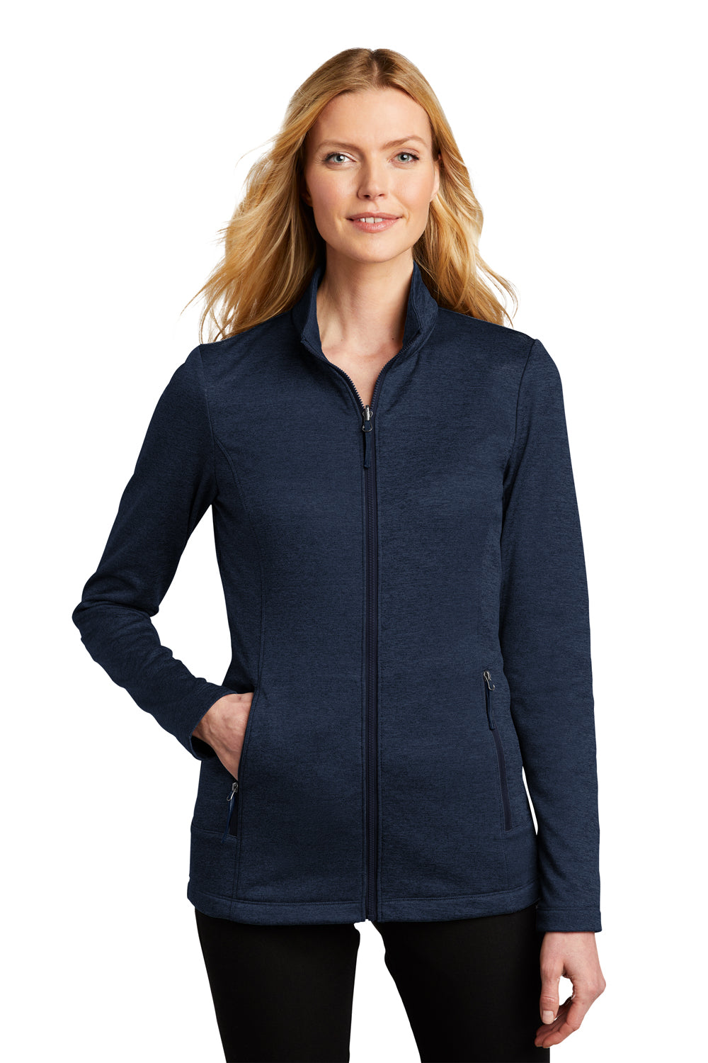 Port Authority L905 Womens Collective Striated Fleece Full Zip Jacket Heather River Navy Blue Model Front