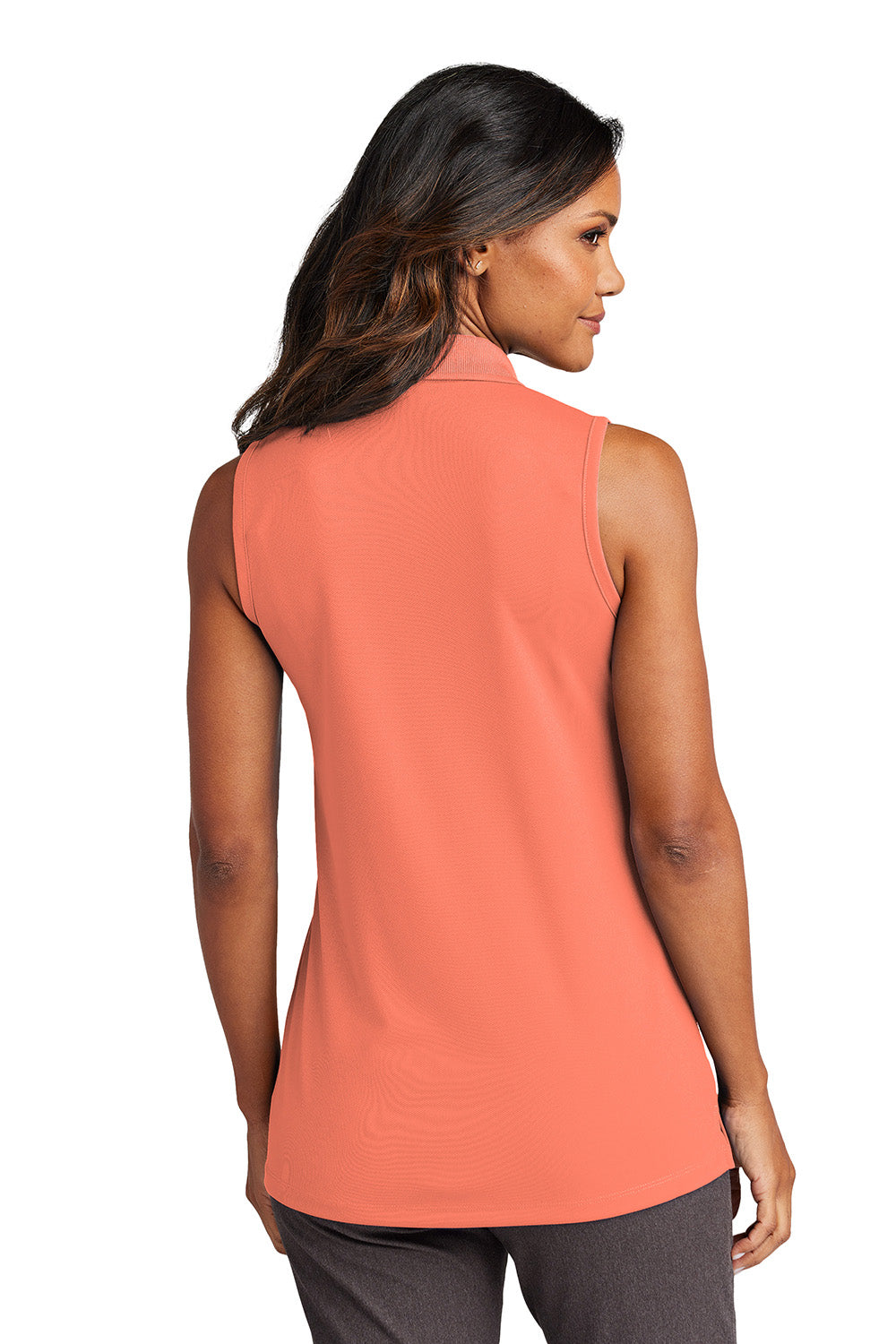 Port Authority LK110SV Womens Dry Zone UV Micro Mesh Sleeveless Polo Shirt Coral Splash Orange Model Back