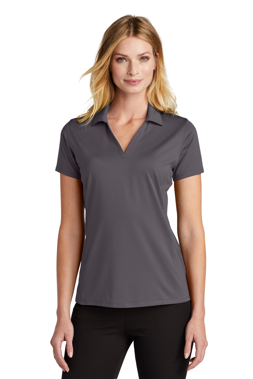 Port Authority LK398 Womens Staff Performance Moisture Wicking Short Sleeve Polo Shirt Graphite Grey Model Front