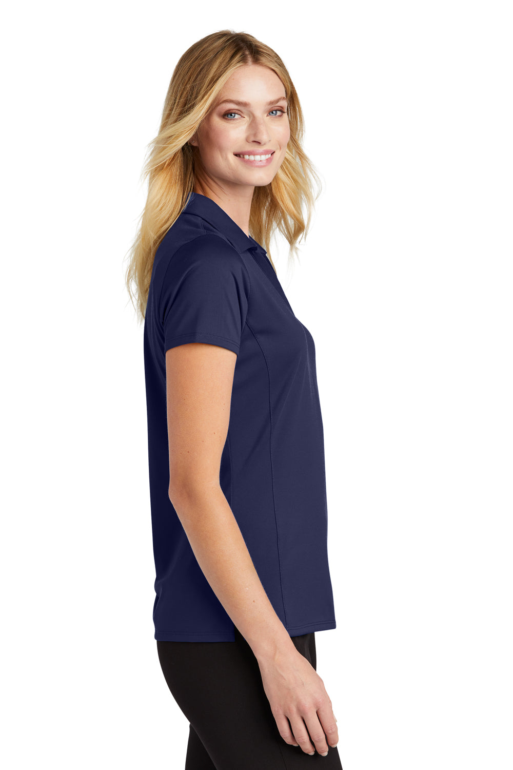 Port Authority LK398 Womens Staff Performance Moisture Wicking Short Sleeve Polo Shirt True Navy Blue Model Side