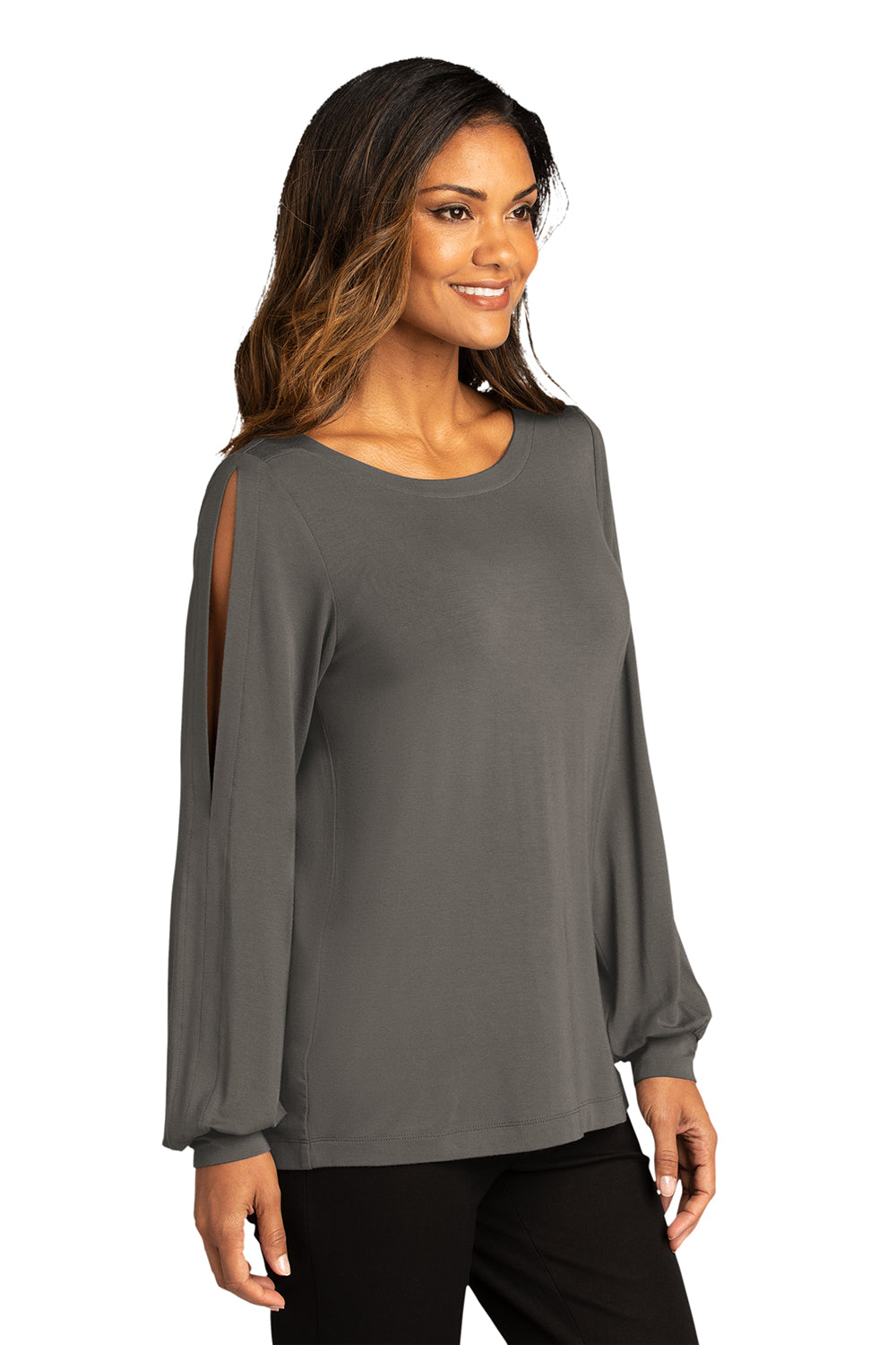 Port Authority LK5600 Womens Luxe Knit Long Sleeve Wide Neck T-Shirt Sterling Grey Model 3q