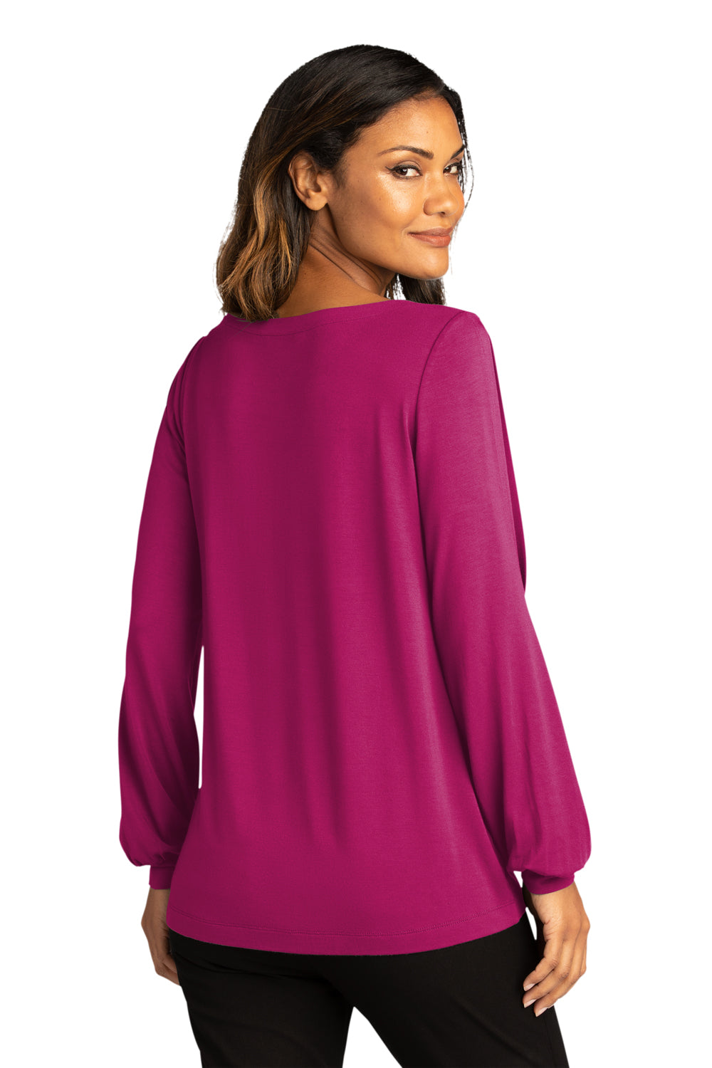 Port Authority LK5600 Womens Luxe Knit Long Sleeve Wide Neck T-Shirt Wild Berry Model Back