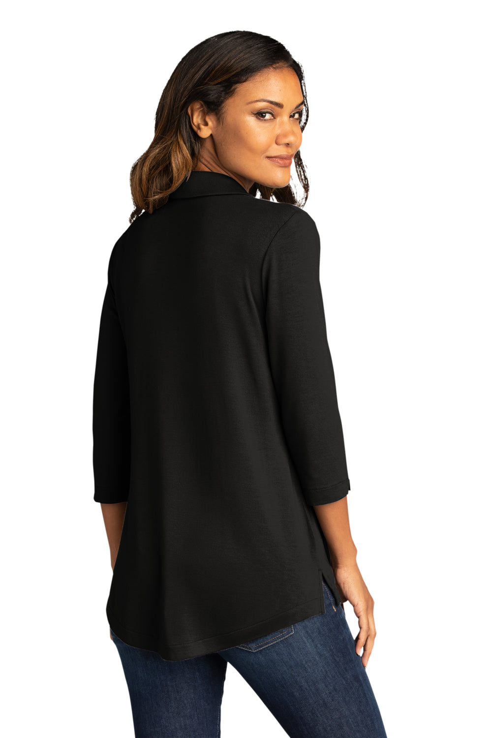 Port Authority LK5601 Womens Luxe Knit 3/4 Sleeve Polo Shirt Deep Black Model Back