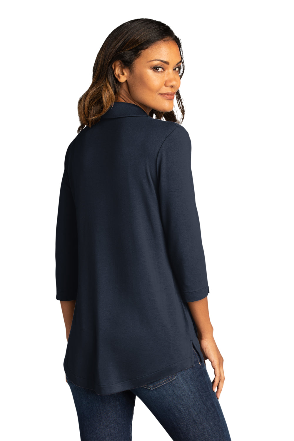 Port Authority LK5601 Womens Luxe Knit 3/4 Sleeve Polo Shirt River Navy Blue Model Back